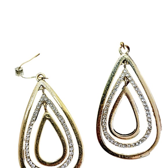 Vintage Gold Concentric Simulated Diamonds Teardrop Earrings 1.5 inch Pierced - Picture 3 of 9